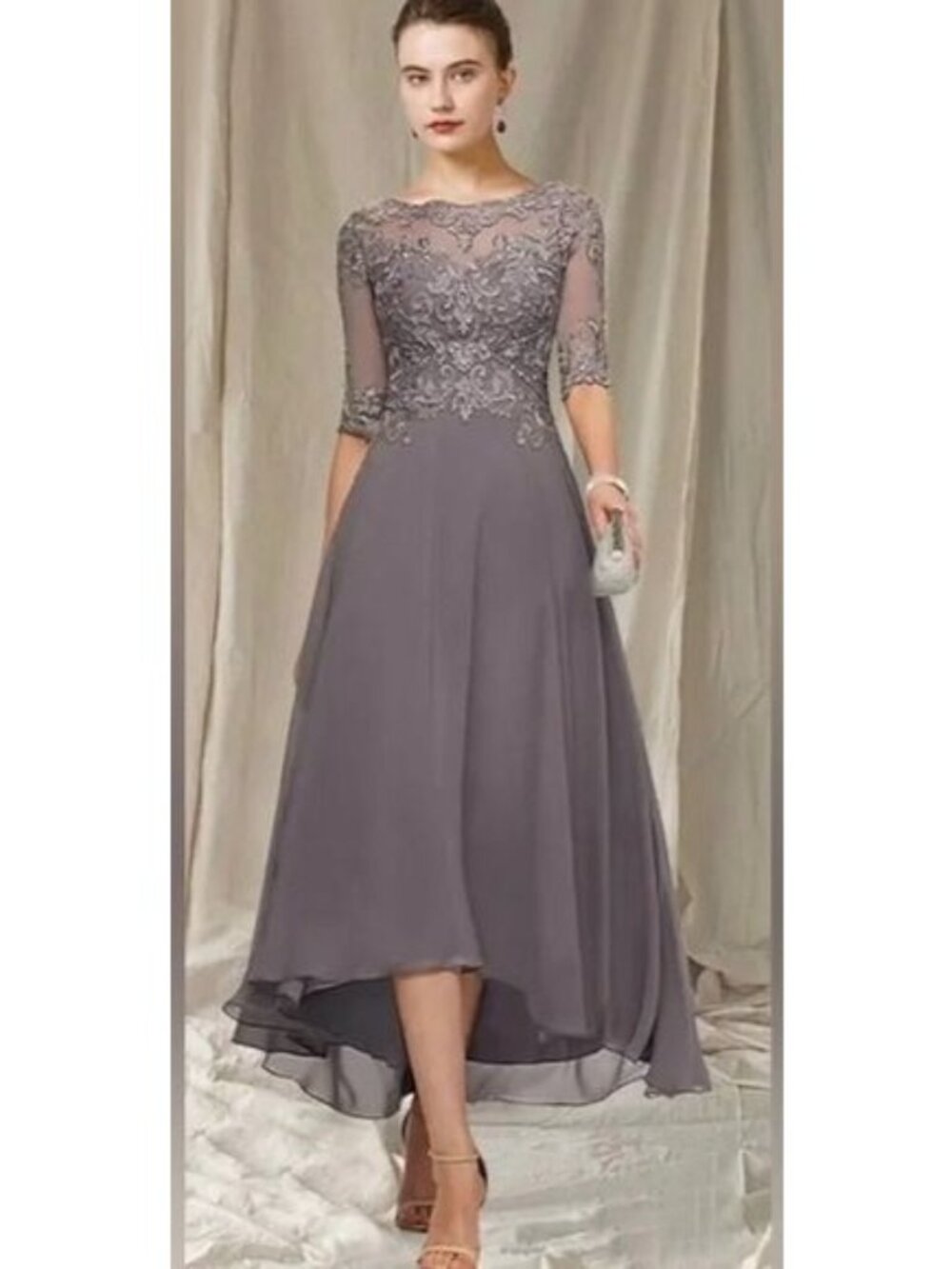 Elegant Gray Lace Half-Sleeve High-Low Evening Dress Size 10